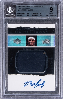2003-04 UD "Exquisite Collection" Limited Logos #LJ LeBron James Signed Game Used Patch Rookie Card (#10/75) - BGS MINT 9/BGS 10